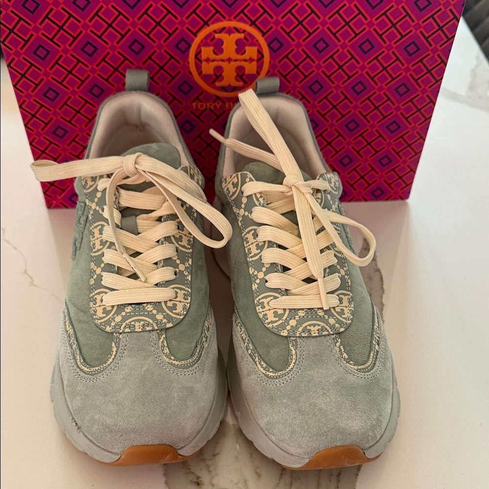 Tory Burch Blue Celadon and Cream Sneakers